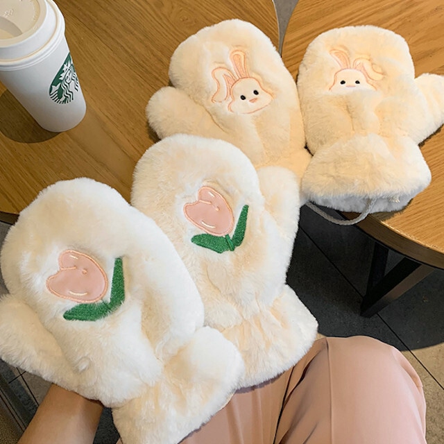 手袋 レディース もこもこ あたたかい ファー かわいい イラスト 秋冬 ビッグイヤードッグ、ベア(ベージュ)、ベア(ホワイト)、クライ、ハッピー、チューリップ(ベージュ)、チューリップ(ホワイト)、ラビット(ベージュ)、ラビット(ホワイト)