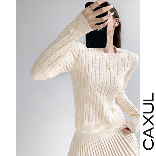 ショート ラウンドネックケーブルニット/4color