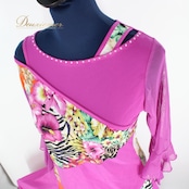【美品 社交ダンス衣装】上下セット レッスンウェア 練習着 紫 パープル 花柄 ヒョウ柄 白 ホワイト 緑 グリーン かわいい
