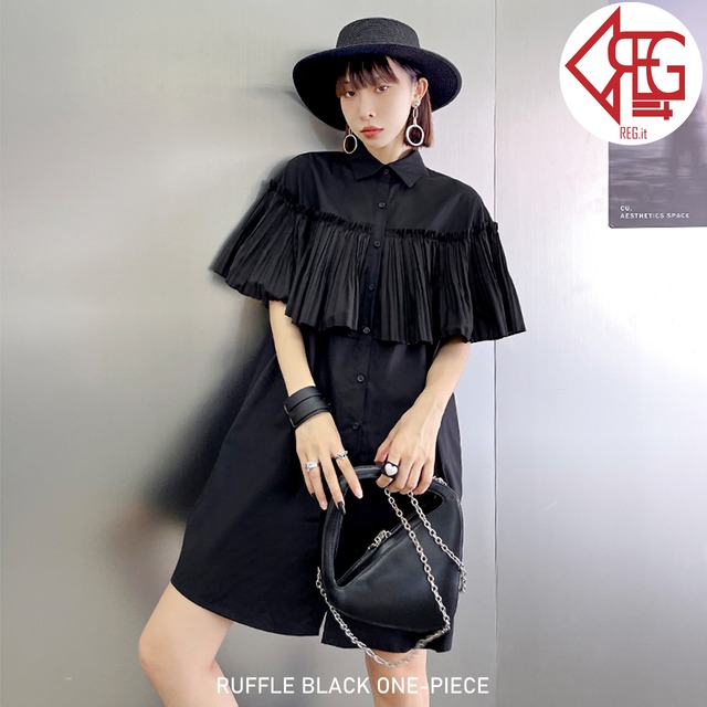 【REGIT】RUFFLE BLACK ONE-PIECE S/S 韓国ファッション ワンピース 個性的 ミニ丈 ショート丈 10代 20代 着映え ネット通販 TAC023