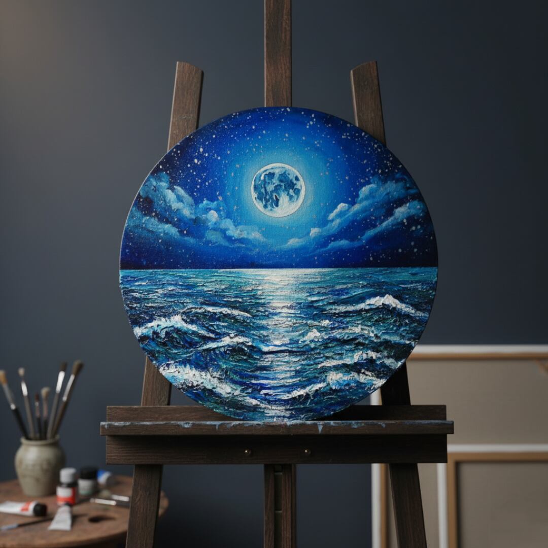 油絵】心を落ち着かせる海景画 丸形「青い満月と輝く海」油彩画