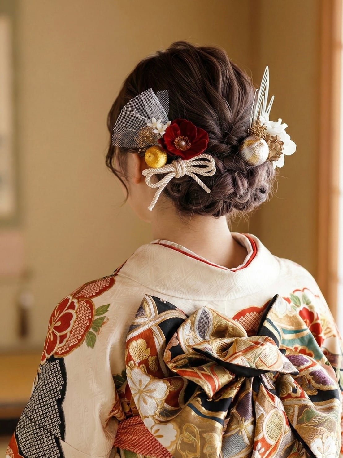 【牡丹一華水引髪飾り レッド】成人式 卒業式 結婚式 k-0088