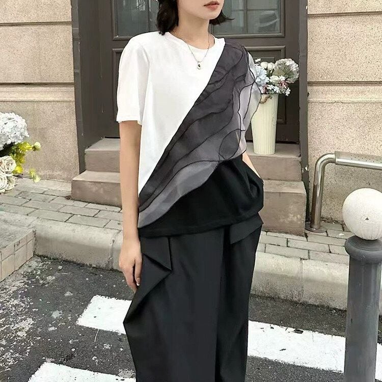 CONTRAST ORGANZA LAYER FRILL DESIGN T-SHIRT 3colors M-14059