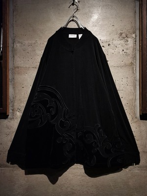 【Caka】"CHICO'S" Tribal Velour Embroidery Vintage Spandex × Acetate Stand Collar Shirt
