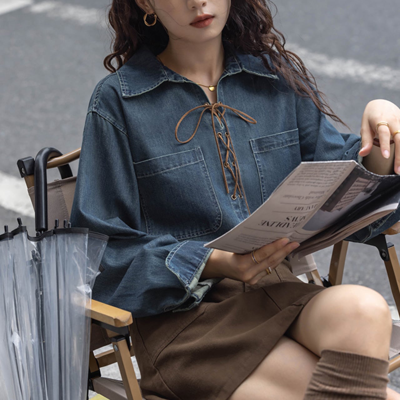 Cross-strap denim shirt S502