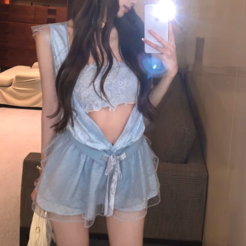 【2点セット】2色／レースデザインベアトップ＋プランジングネックワンピ ・10800