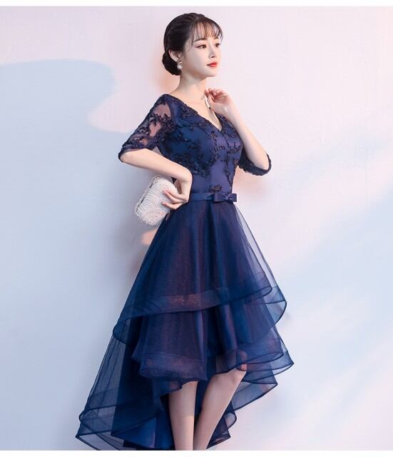 Vネック 袖あり 5分袖 レースワンピース レース袖 パーティードレス アシメントリー フレア カジュアル 結婚式 お呼ばれ 二次会 Ptnym00 Dress Suba