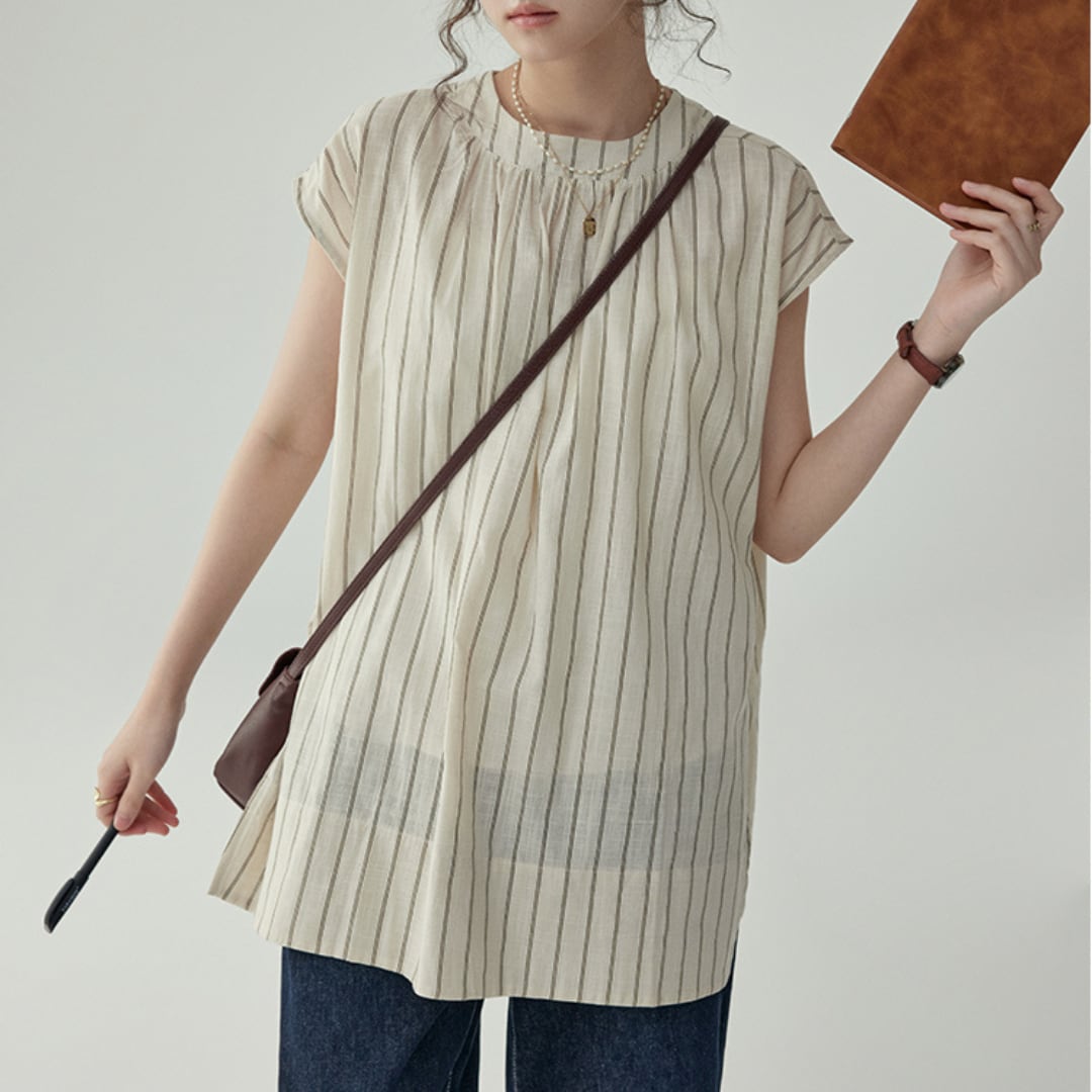 Cotton Tunic Blouse with Stripe Pattern and Round Neck