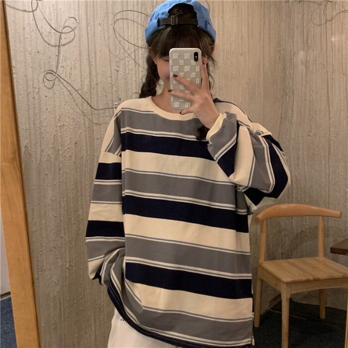 ストライプ長袖Tシャツレディースルーズスタイル2020年秋新作レイジースタイルステッチミドル丈ラウンドネックトップ クレセントシティ44741336884