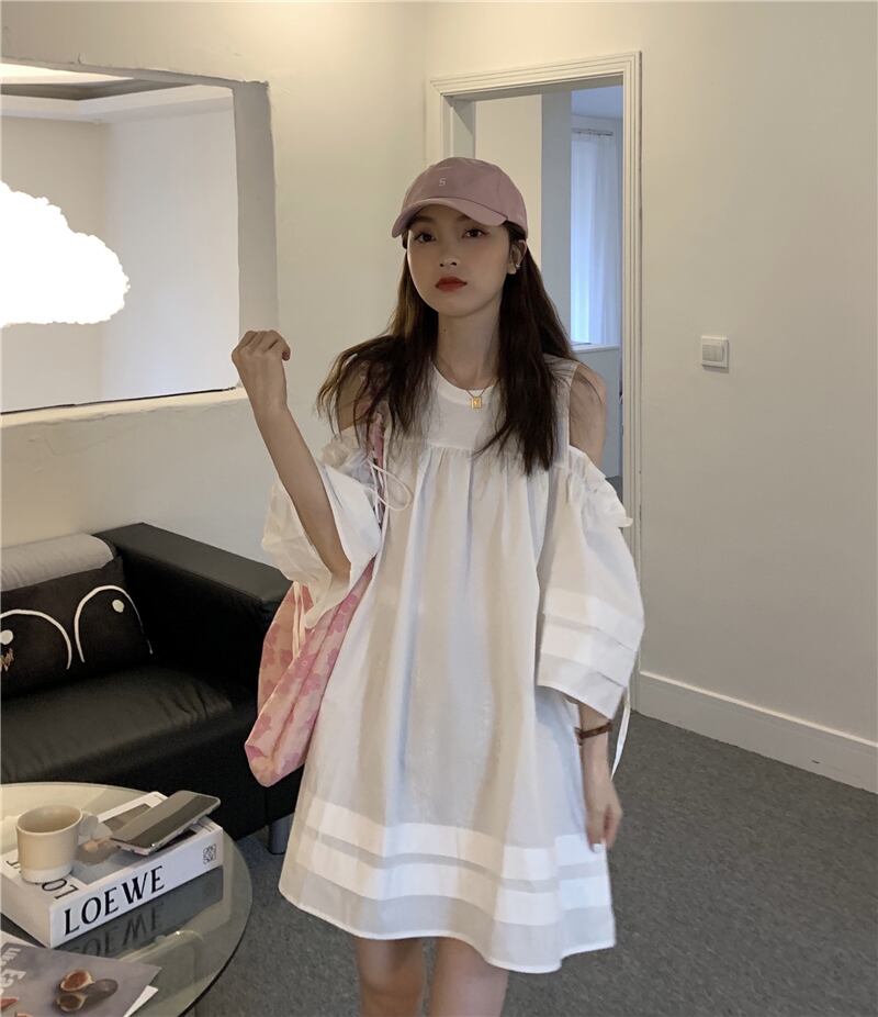 スタイルルーズドレス サマーホワイトラウンドネックスカート 夏物 Oネック モンロー33156493747