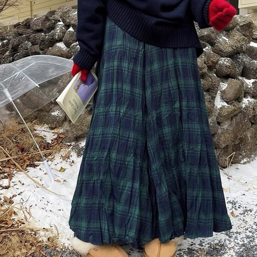 CHECKERED A-LINE WRINKLED MAXI DESIGN SKIRT 1color M-16133