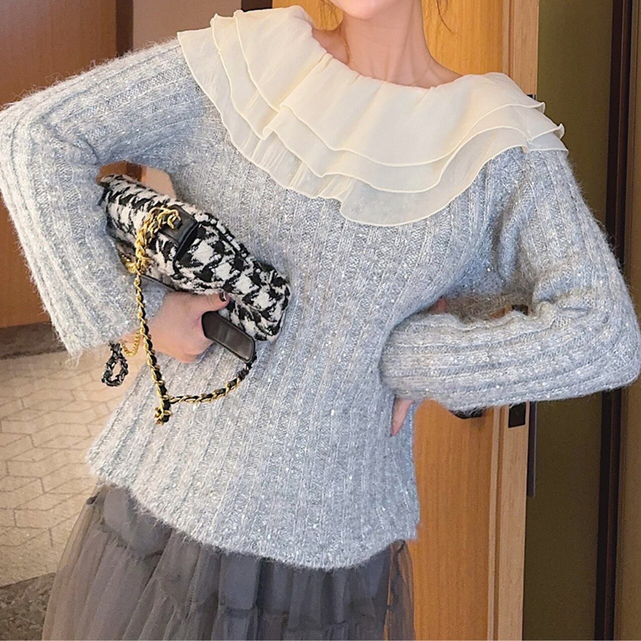 フリルネック スパンコールニット A4468