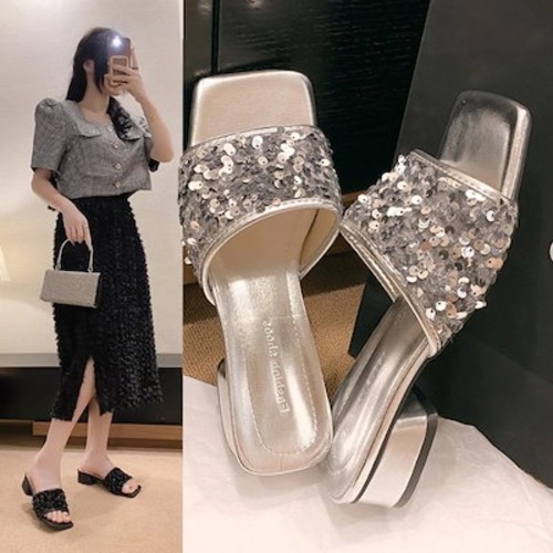 メガ割-スタイルアップヒールパンプス 韓国ファッション サンダル 25 の気質シンプルなチャンキーヒールスリッパスパンコールミドルヒールサンダル