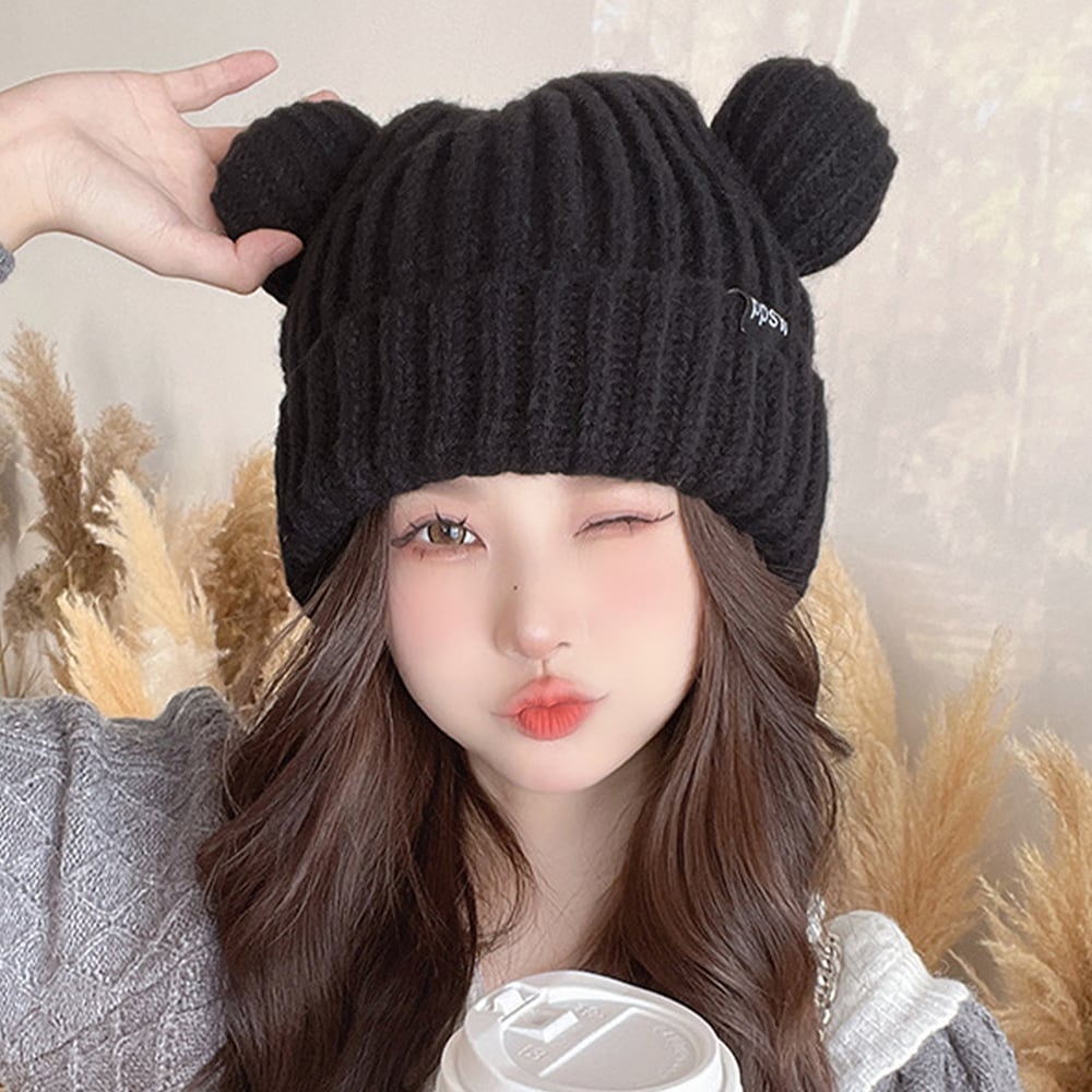 クマミミ ニット帽 レディース 秋冬 韓国 帽子 熊耳 防寒 保温 大人