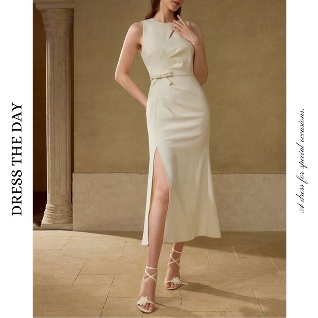 ウエストリボンスリットドレス W0077