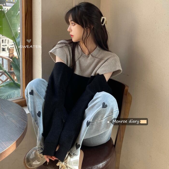 カラーニットセーター スプリングスタイルショートトップス ロング 春物 モンロー33791993770