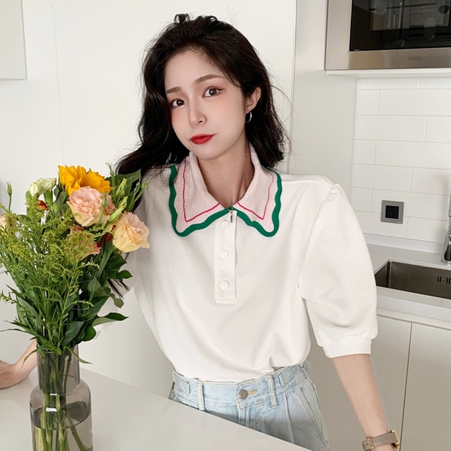 ホワイトカラースリーブTシャツ サマールーズ 夏物 スーパーモール31966545058