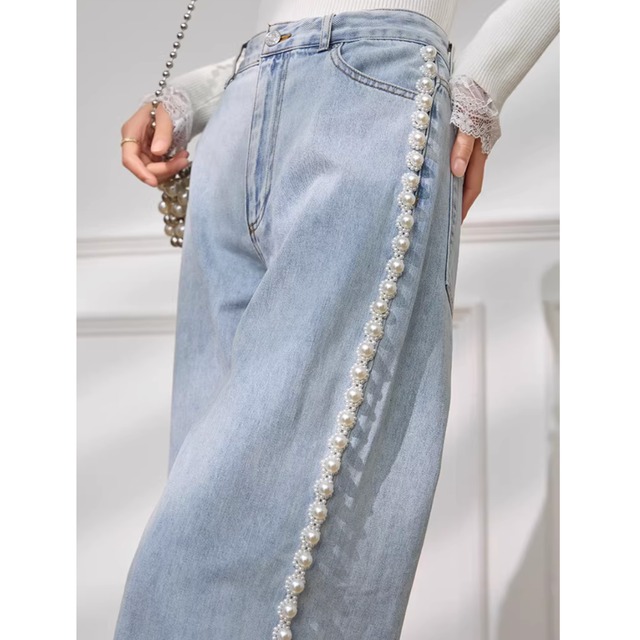 パールラインストレートデニム  A09