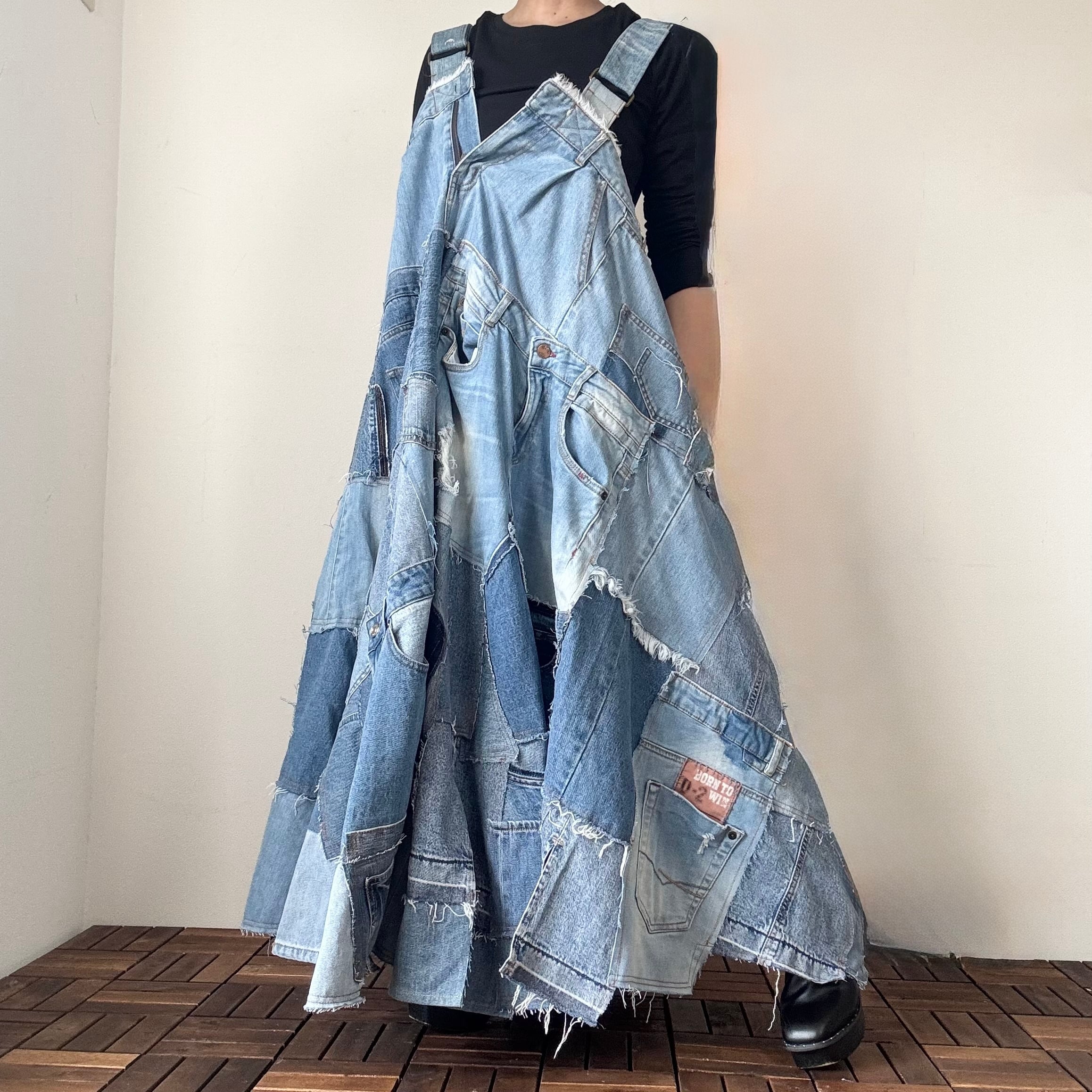 No.018 古着リメイクデニム ジャンパースカート 一点物 ボリューム