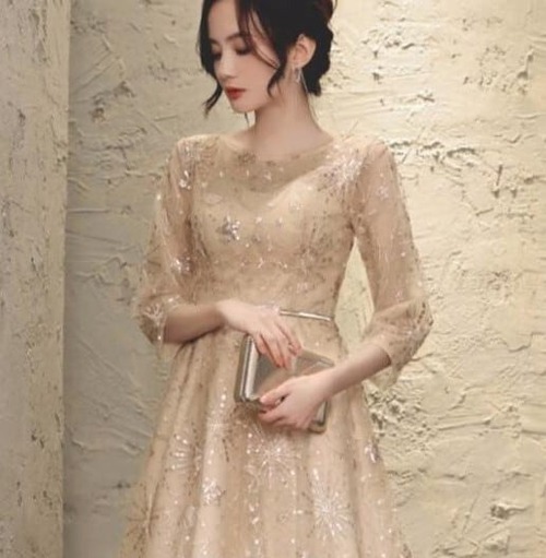 ドレス XS-3XL レディース フォーマル パーティー ワンピース 二次会 Aライン 春夏秋冬 長袖 エレガント オールシーズン 上品 シャンパン