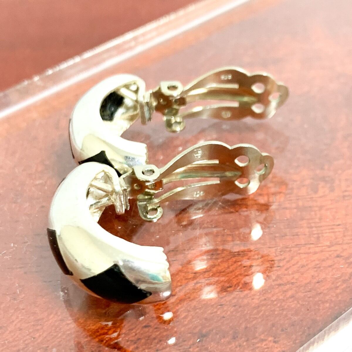 シルバー製 イヤリング 925 刻印 オニキス ダイヤデザイン クリップ式 銀 SILVER N180