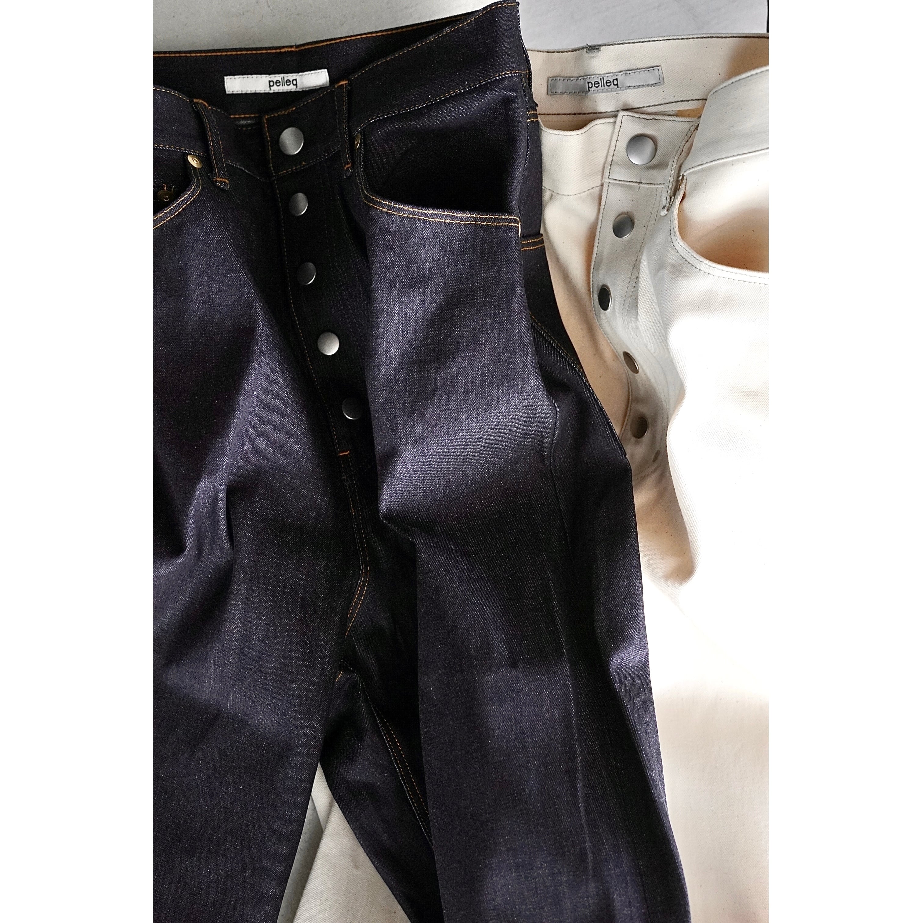 pelleq / standard light denim w front button (natural, rigid 