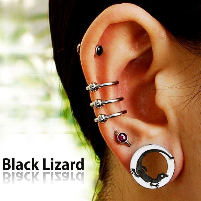 拡張ピアス 16mm ハイポリッシュ ブラック トカゲ フレッシュトンネル