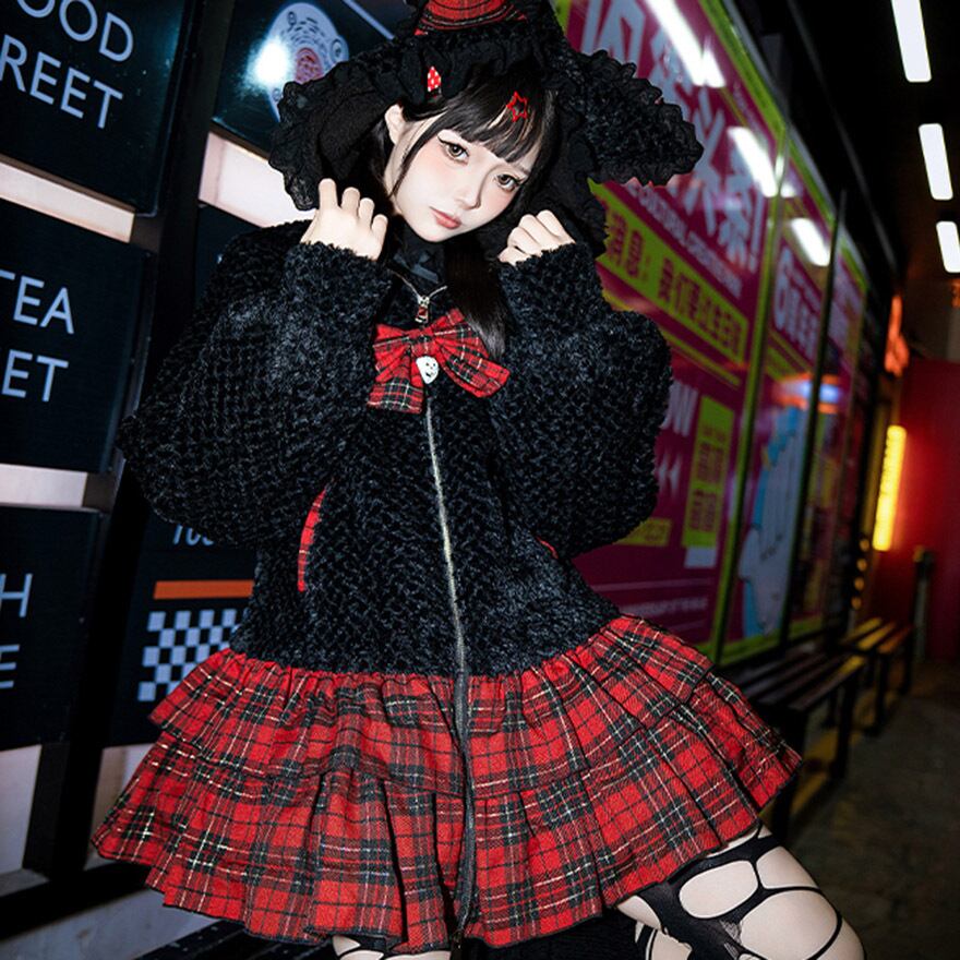 SEASONZ PUJIオリジナル ワンピース 猫耳フード ZIP チェック柄 リボン