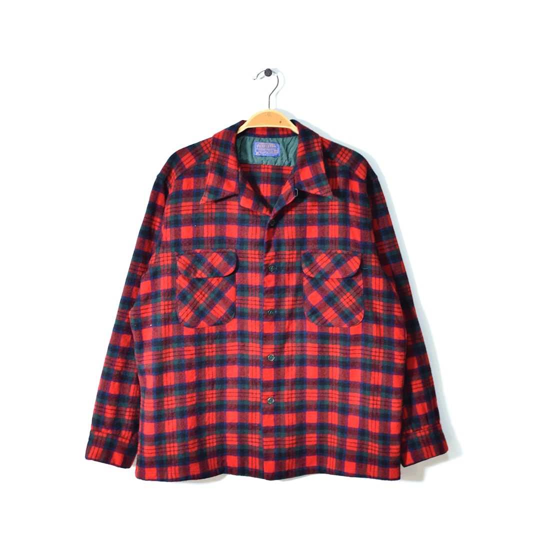 70s ペンドルトン USA製 開襟 オープンカラーシャツ 長袖シャツ 赤チェック ウール100% PENDLETON メンズL相当 古着 @CA1146
