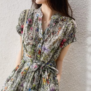 花柄Vネックミドル丈ワンピース W00170