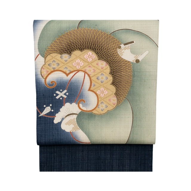 波に宝尽くしの模様　刺繍　生紬地　洒落袋帯【未使用品】