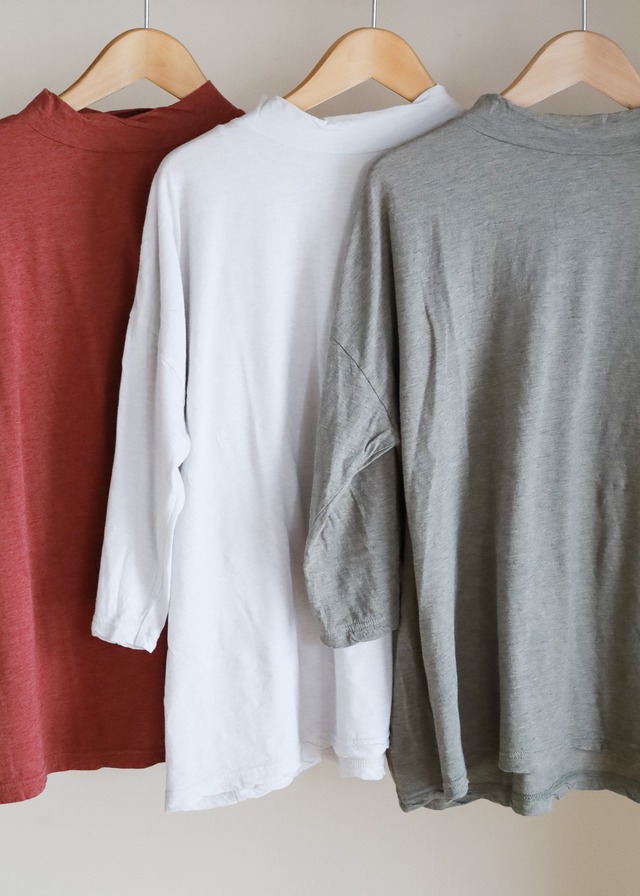 Vlas Blomme - Cotton Silk Soft 天竺 モックネック七分袖 Tシャツ - Vintage White / Brick Red / Light Olive