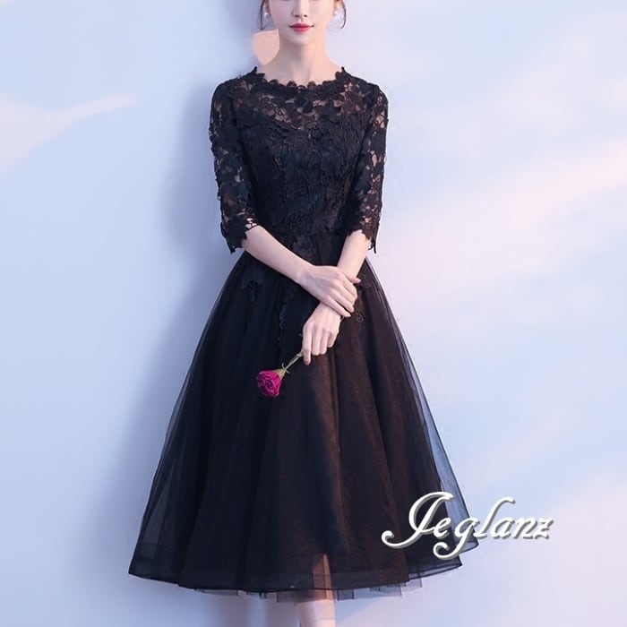 パーティ ブラック ドレス ワンピース 刺繍 レース 肌透け チュール(M1551)ζ