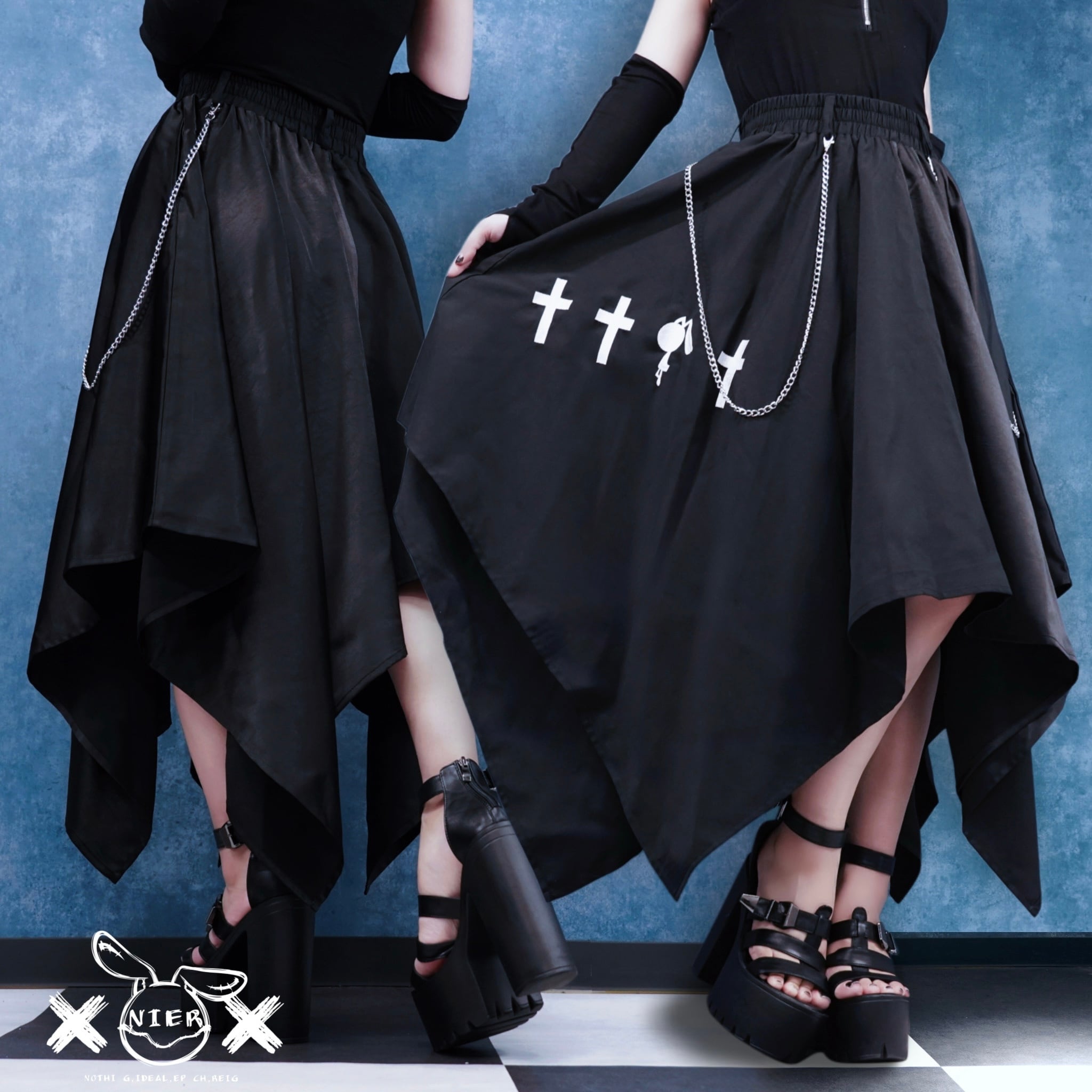 チェーン付きUNISEX DUAL FABRIC ASYMMETRY SKIRT【CROSS刺繍】 | NIER