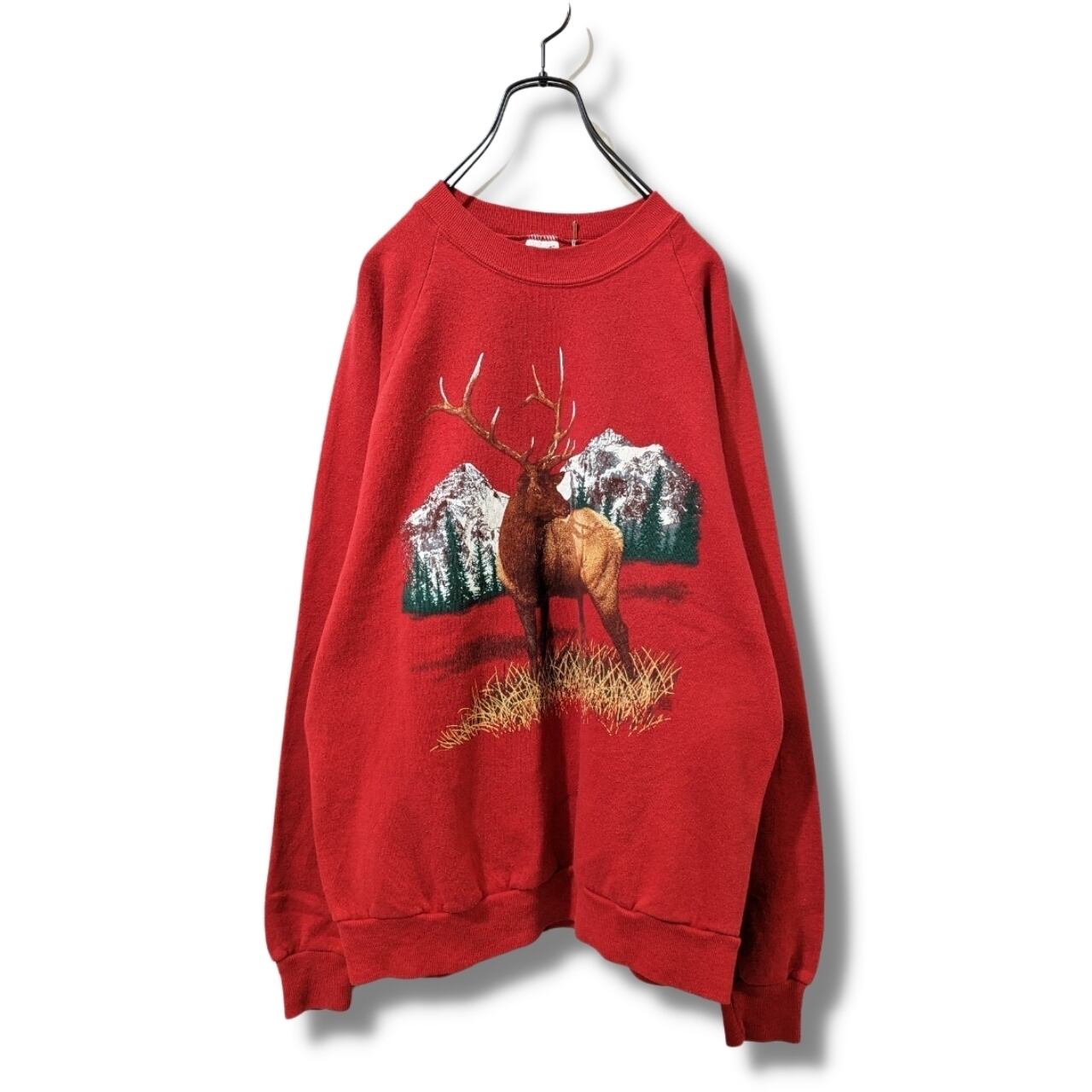鹿プリントスウェット 古着 USA レッド アニマル ラグラン BS508