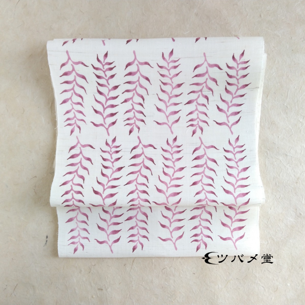 長さ408センチ　植物染草木染め半幅帯　麻 麻の帯・植物文 | 型染 ツバメ堂