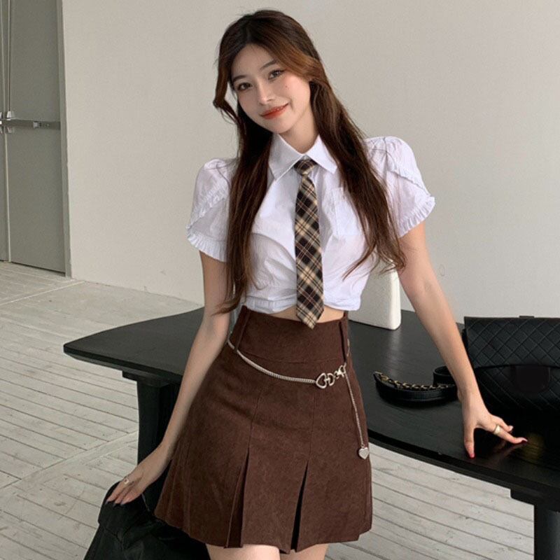 サマースタイルホワイト半袖スリーブシャツ カラーハイウェストウェストAラインプリーツスカート ショート ハーフスリーブ 夏物 YY-ファッション93820283510