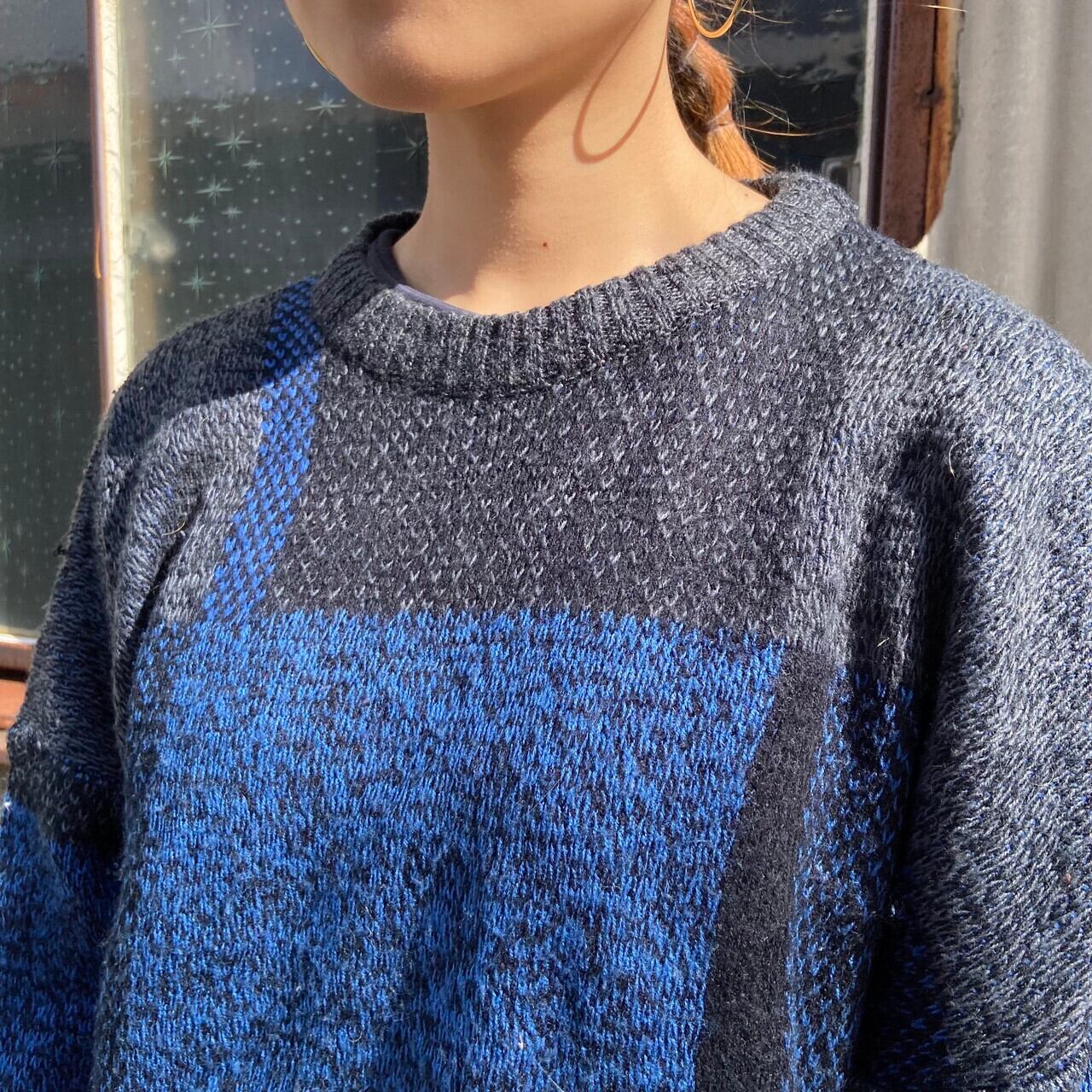 Michael Gerald 総柄 チェック アクリル ニットセーター メンズXL レディース2XL 古着ブルー ブラック 【ニットセーター】 | cave 古着屋【公式】古着通販サイト powered by BASE