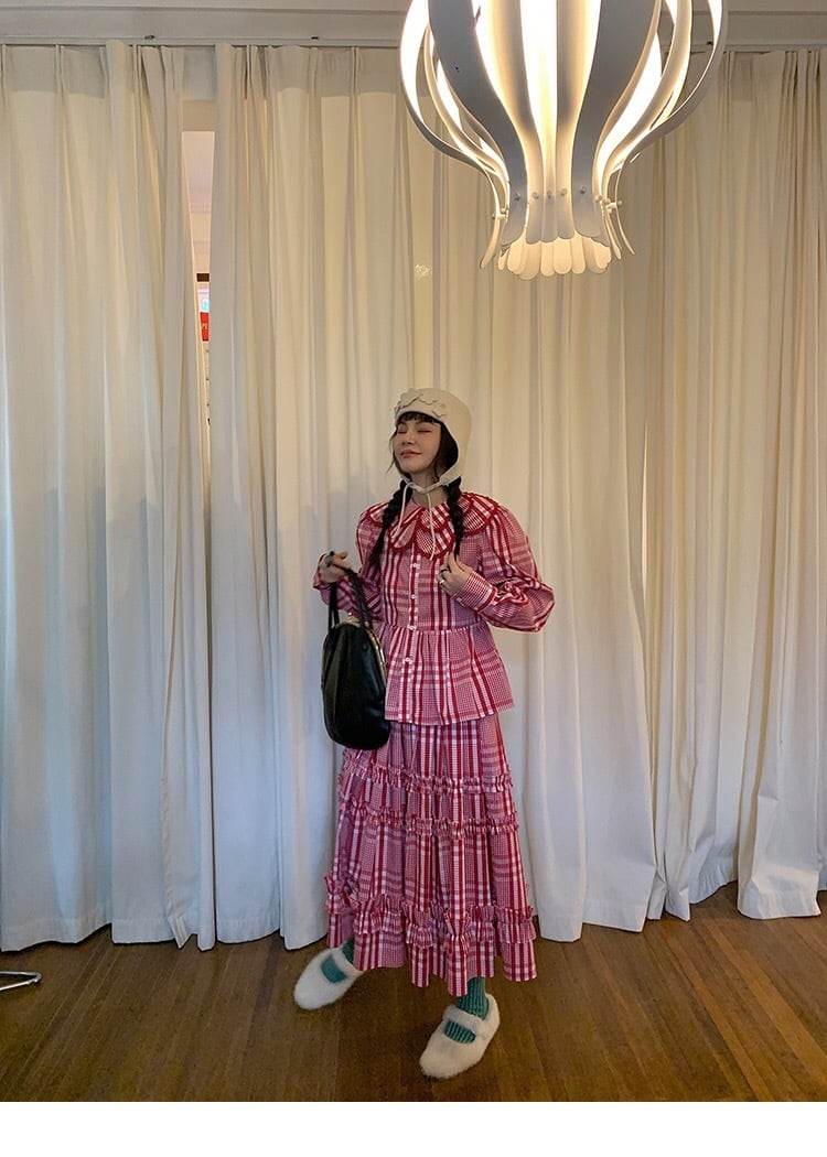 セットアップ】ワンピース 赤 チェック ブラウス スカート