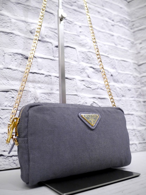 ◆PRADA プラダ CANAPA カナパ コーティングキャンバス クロスボディ チェーンストラップ ショルダー バッグ カメラ バッグ ポーチ 灰x金◆