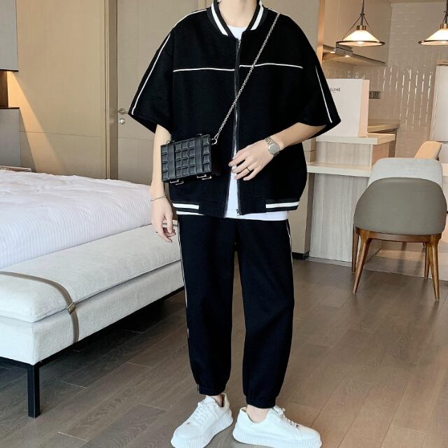 【予約販売】メンズ セットアップ 無地 5分袖 ブラック ホワイト バイカラー ライン ルーズ スエット カジュアル 男前 パンツ セット ジャージ ジム スポーティー ダンス ジム 韓国 トレンド 大きいサイズ M/L/XL/2XL