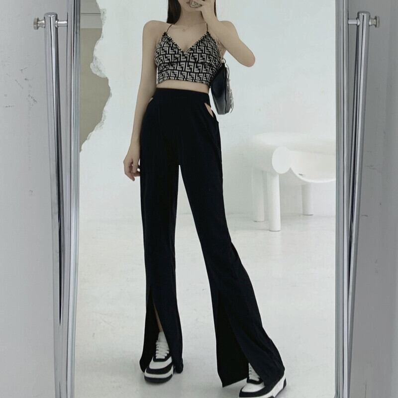 カジュアルパンツ サマーハイウェストウェスト薄手ブラック ストリート 夏物 ガールズファッション88642098310