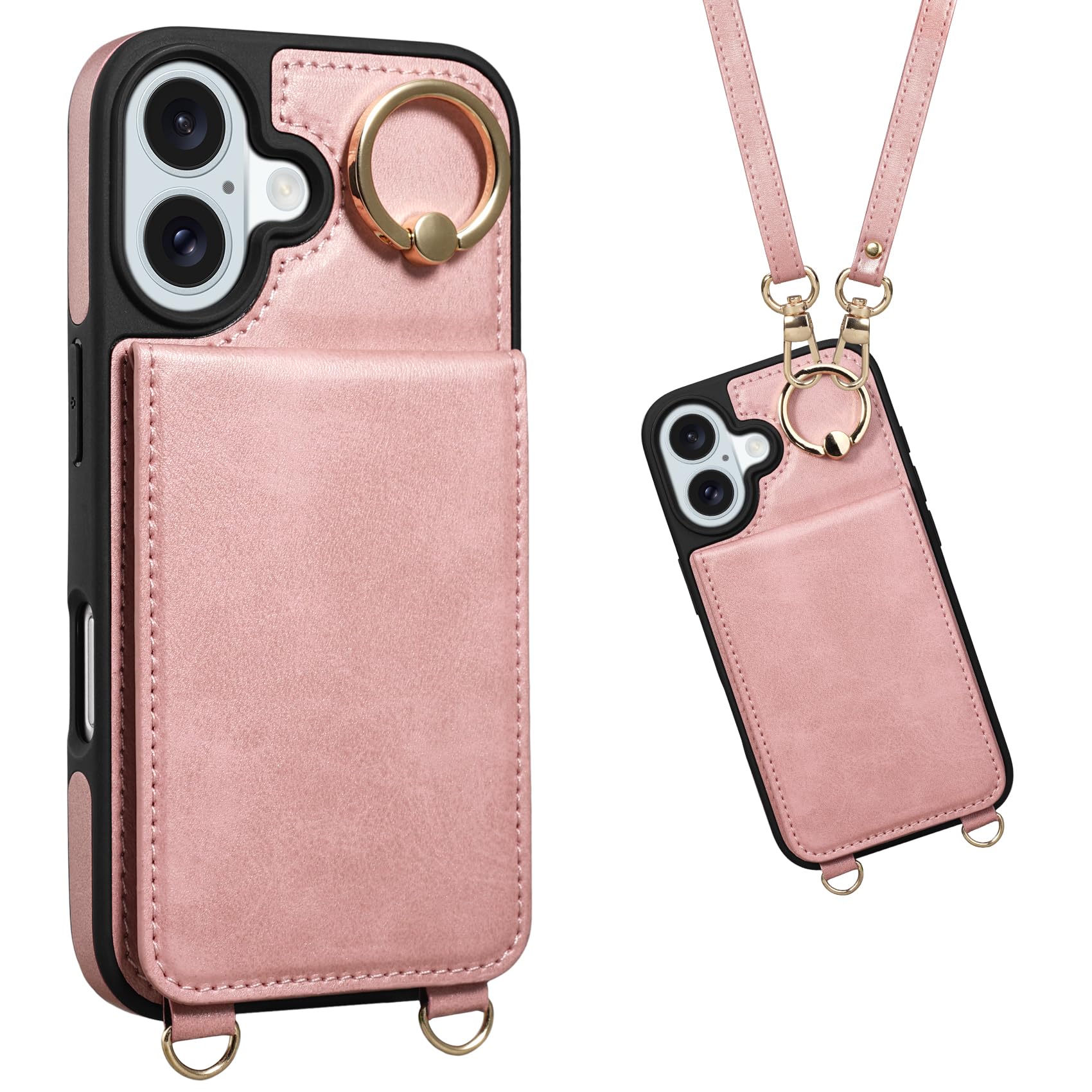 Shlybaay iPhone 16 用 背面 手帳型ケース ショルダーストラップ カード収納 スマホケース ピンク