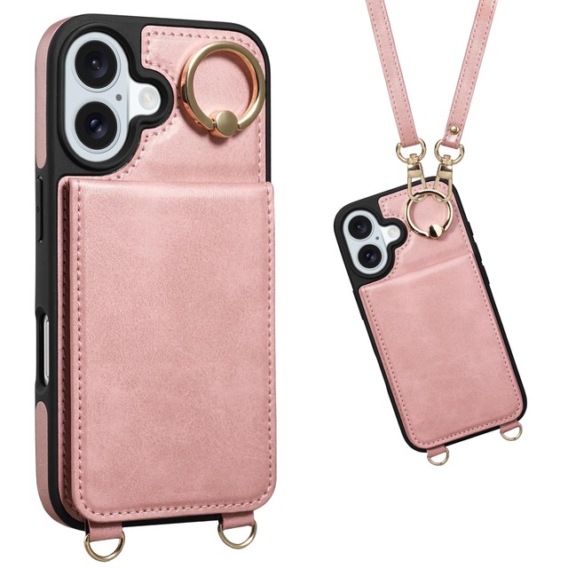 Shlybaay iPhone 16 用 背面 手帳型ケース ショルダーストラップ カード収納 スマホケース ピンク