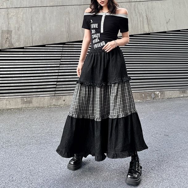 VINTAGE PLAID PANEL HIGH WAIST MIDI SKIRT M-17206