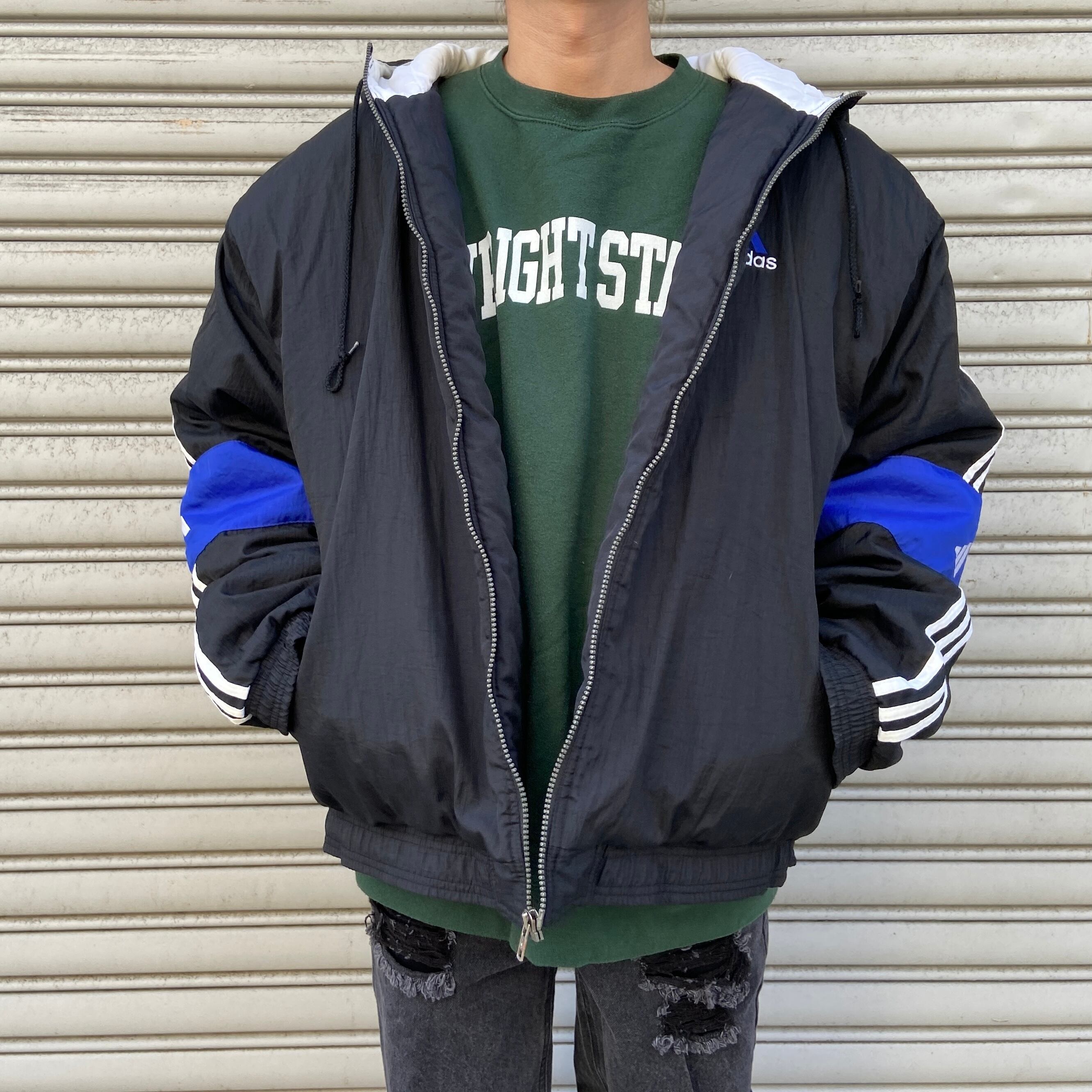 90s adidas 中綿入りナイロンパーカー パフォーマンスロゴ 黒 L | 古着 ...