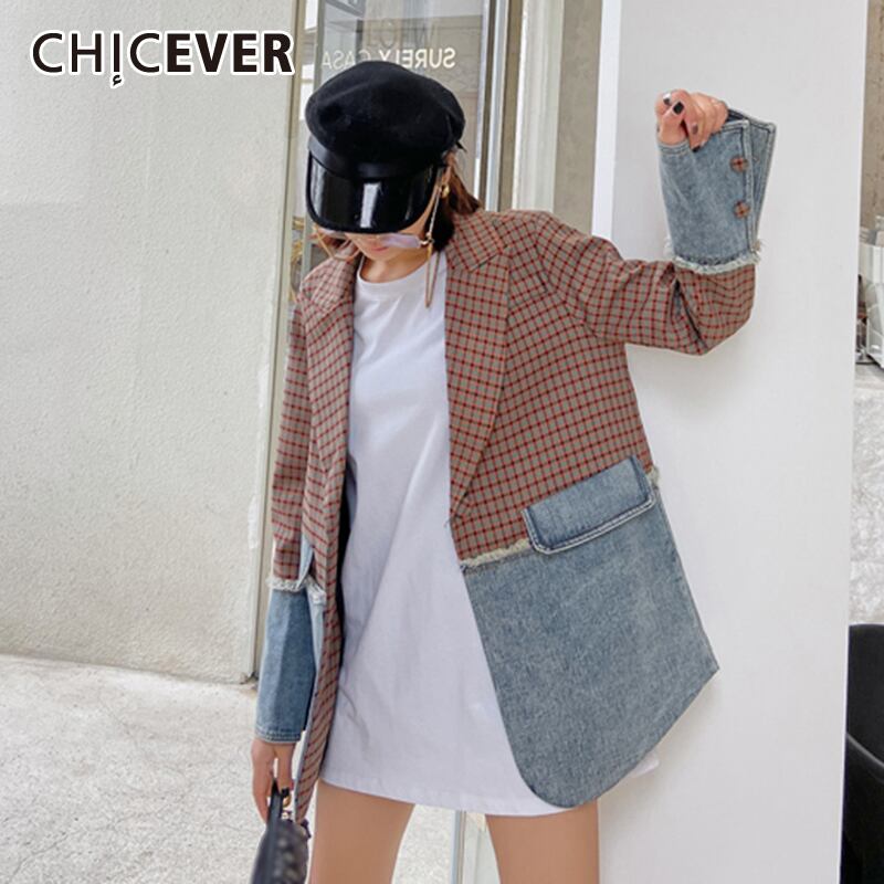 CHICEVERパッチワークヒットカラーブレザーレディースノッチ付き長袖チェック柄ストリートウェアブレザー服2020タイド ロング 6base529322968056