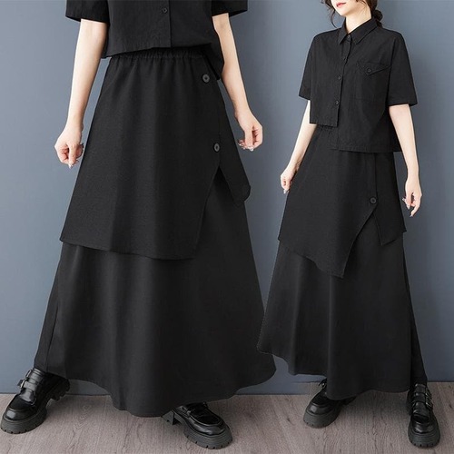 大きいサイズ スカート 春夏黒 切替 アシンメトリー ゆったり 体型カバー 無地
