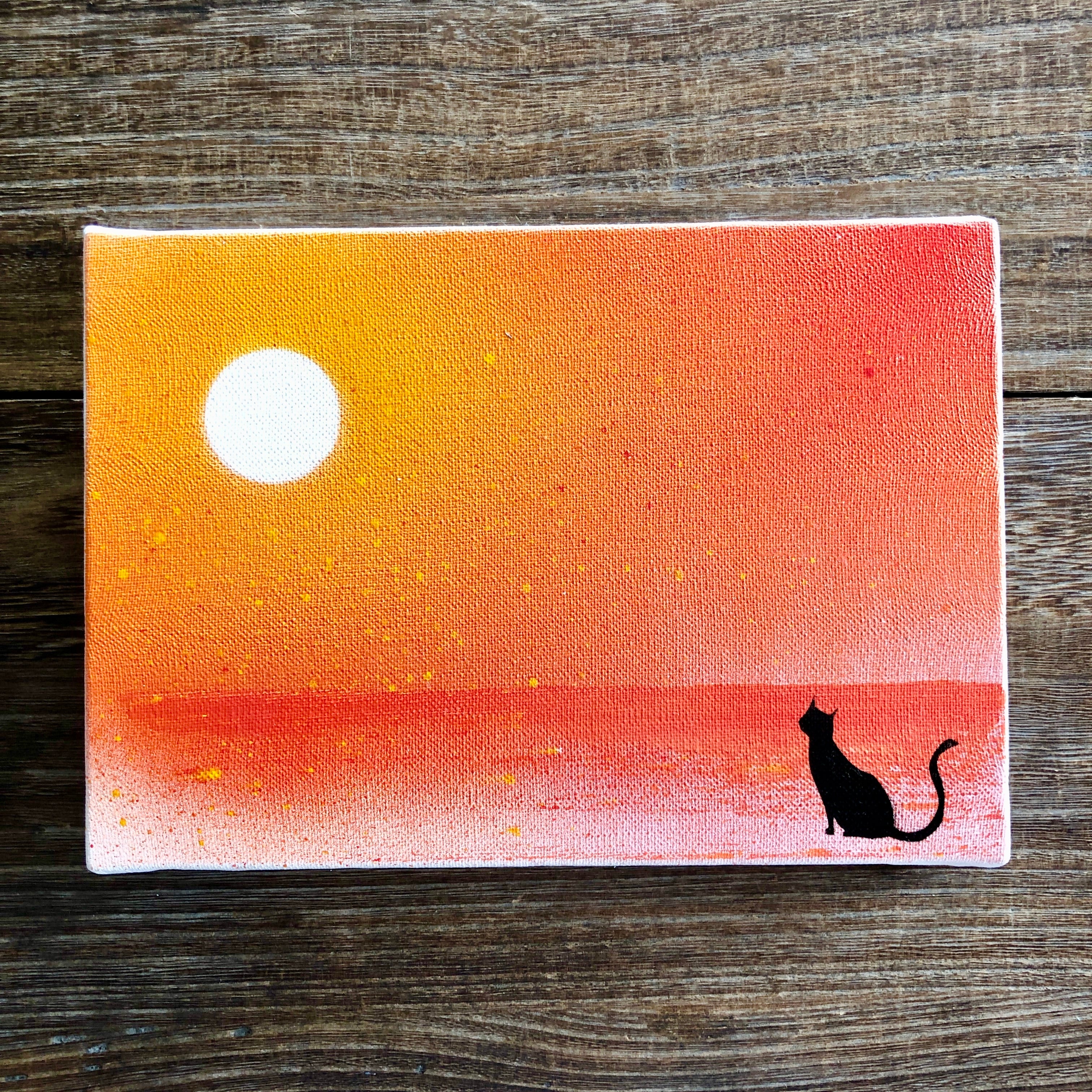猫と夕日 原画 夕陽 海 黒猫 赤 オレンジ 絵画 キャンバス 風景画 スプレーアート インテリアパネル Aki Spray Paint
