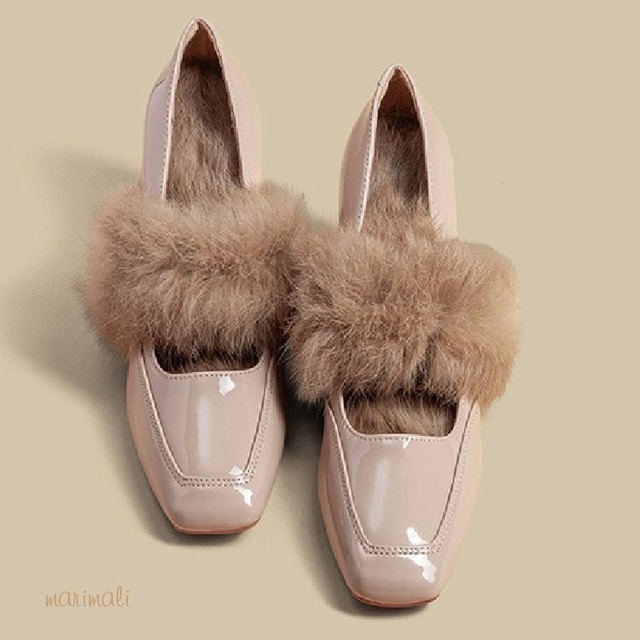 ファー フラット スクエアトゥ パンプス 2color  25493